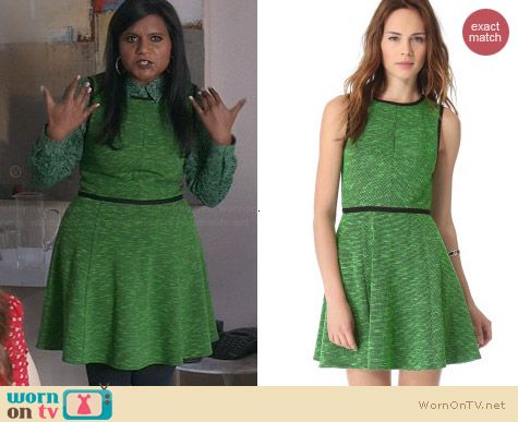 Tibi Green Tweed Knit Flare Dress worn by Mindy Kaling on The Mindy Project