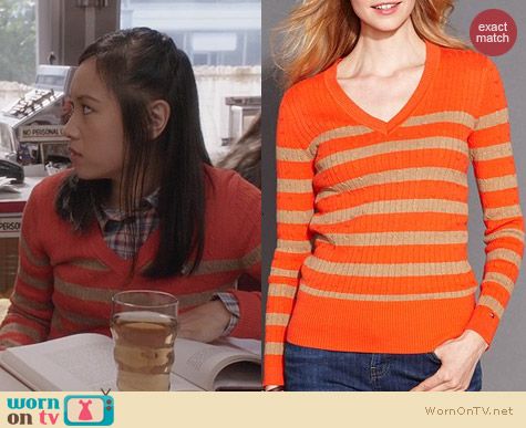 Tommy Hilfiger Striped V-Neck Cable Knit Sweater in Fiesta Orange worn by Jill Wong on The Carrie Diaries