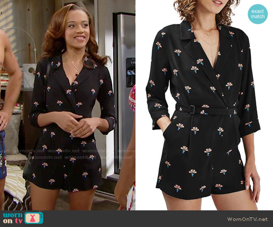 Topshop 'Alexa' Fan Print Belted Romper worn by Nicole Avant (Reign Edwards) on The Bold and the Beautiful