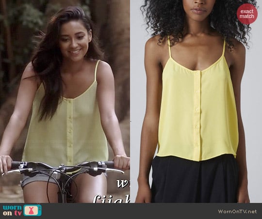 Topshop Button Front Strappy Cami in Yellow worn by Shay Mitchell on PLL