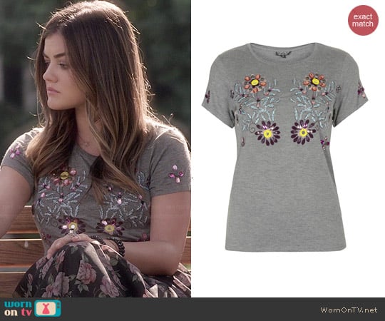 Topshop Embellished Flower Tee worn by Aria Montgomery (Lucy Hale) on Pretty Little Liars