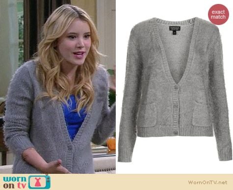 Topshop fluffy v-neck cardigan in grey worn by Taylor Sprietler on Melissa & Joey