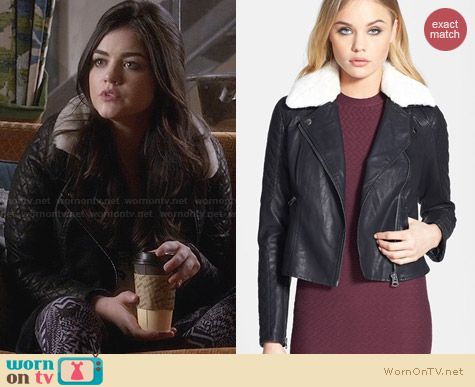 Topshop Jenson Faux Fur Collar Biker Jacket worn by Lucy Hale on PLL