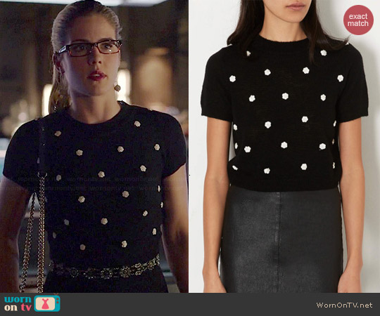 Topshop Knitted Flower PU Crop Top worn by Emily Bett Rickards on Arrow