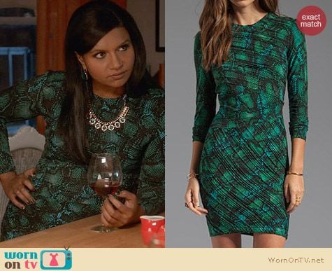 Torn by Ronny Kobo Tara Pleated Tonal Snake Dress worn by Mindy Kaling on The Mindy Project