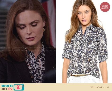 Tory Burch Brigitte Blouse in Madura Ocean Mist worn by Emily Deschanel on Bones