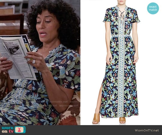 Tory Burch Floral Silk Caftan worn by Rainbow Johnson (Tracee Ellis Ross) on Black-ish