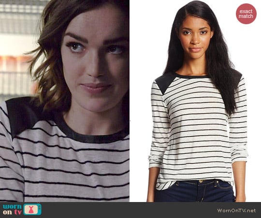 Townsen Striped Faux Leather Shoulder Top worn by Elizabeth Henstridege on Agents Of SHIELD