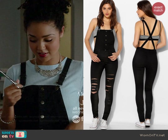 Tripp NYC Shredded Knee Overalls worn by Aisha Dee on Chasing Life