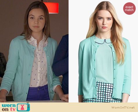 Trophy Wife Fashion: Kate Spade Sofia Cardigan in Sea Glass worn by Bailee Madison