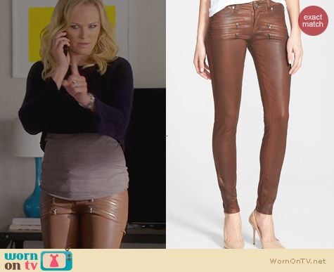 Trophy Wife Fashion: PAIGE Edgemont Brown Leather Zip Jeans worn by Malin Akerman