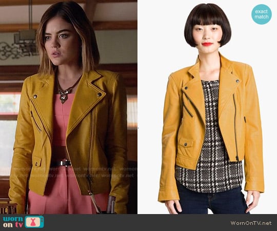 Truth & Pride Perforated Leather Biker Jacket worn by Aria Montgomery (Lucy Hale) on Pretty Little Liars