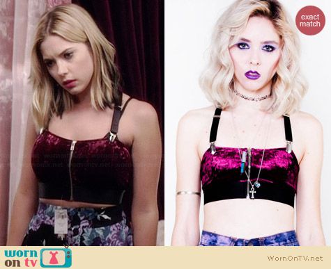 Tunnel Vision Red Red Wine Velvet Crop Top worn by Ashley Benson on PLL