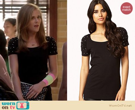 Twisted Fashion: Forever 21 Black Rhinestone Ruched sleeve top worn by Karynn Moore