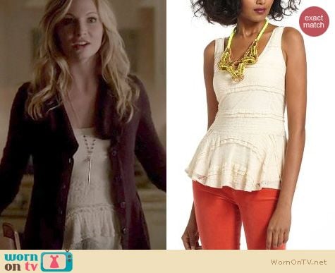 Vampire Diaries Fashion: Anthropologie Webbed lace peplum top worn by Candice Accola