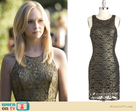 Vampire Diaries Fashion: Gold lace dress worn by Caroline