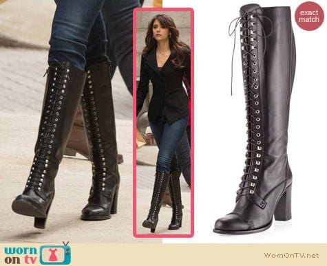 The Vampire Diaries Fashion Charles David Regiment lace up boots worn by Nina Dobrev