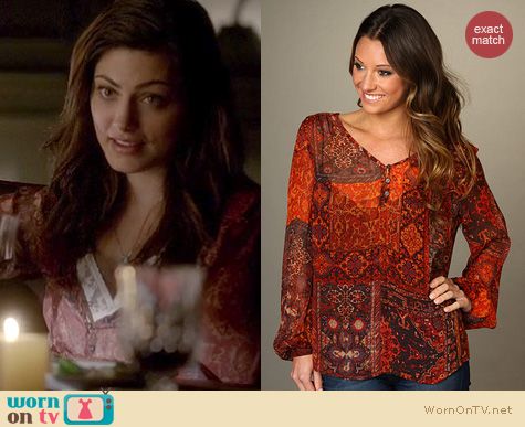 The Vampire Diaries Fashion: Lucky Brand Starchaser patchwork chiffon top worn by Pheobe Tonkin