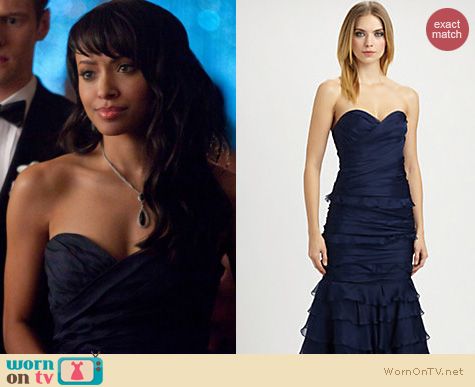 The Vampire Diaries Fashion: Theia strapless navy sweetheart gown worn by Kat Graham