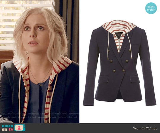 Veronica Beard Navy Captain Double Breasted Jacket w/ Striped Dickey worn by Liv Moore (Rose McIver) on iZombie