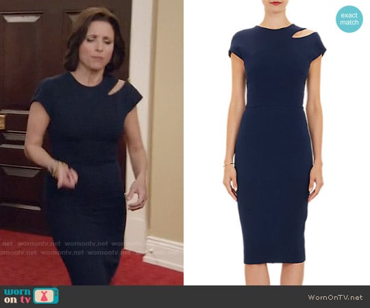 Victoria Beckham Cutout-Shoulder Sheath Dress worn by Selina Meyer (Julia Louis-Dreyfus) on Veep