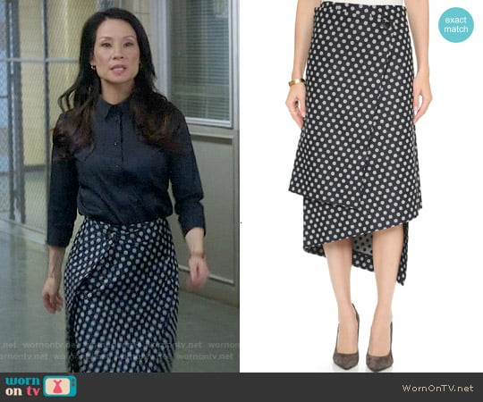 Victoria Beckham Wrap Skirt in Indigo Polka Dot worn by Joan Watson (Lucy Liu) on Elementary