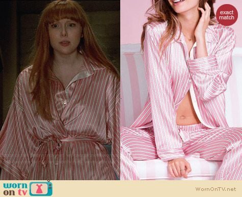 Victoria's Secret After House Satin Pajamas in Pink Stripe worn by Molly Quinn on Castle