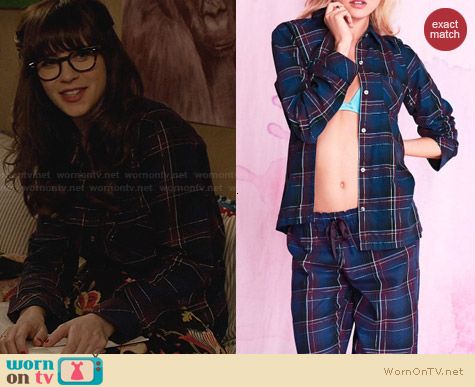 Victoria's Secret Dreamer Flannel Pajamas in Navy Metallic Plaid worn by Zooey Deschanel on New Girl