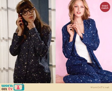 Victoria's Secreat Dreamer Flannel Pajamas in Navy Star Print worn by Zooey Deschanel on New Girl