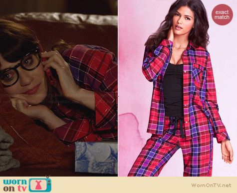 Victoria's Secret Dreamer Flannel Pajamas in Red Metallic Plaid worn by Zooey Deschanel on New Girl