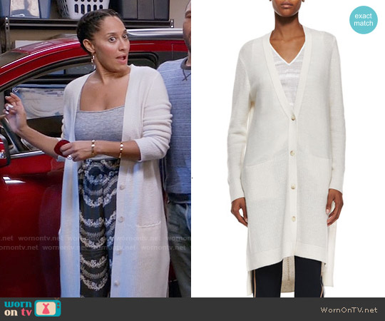 Vince Directional-Rib Long Cashmere Cardigan worn by Rainbow Johnson (Tracee Ellis Ross) on Black-ish