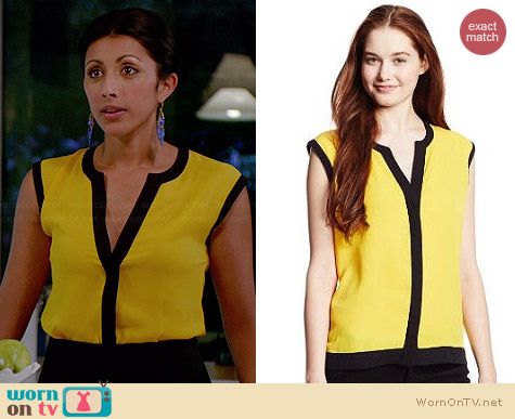 Vince Camuto Colorblock Trim Blouse in Marigold worn by Reshma Shetty on Royal Pains