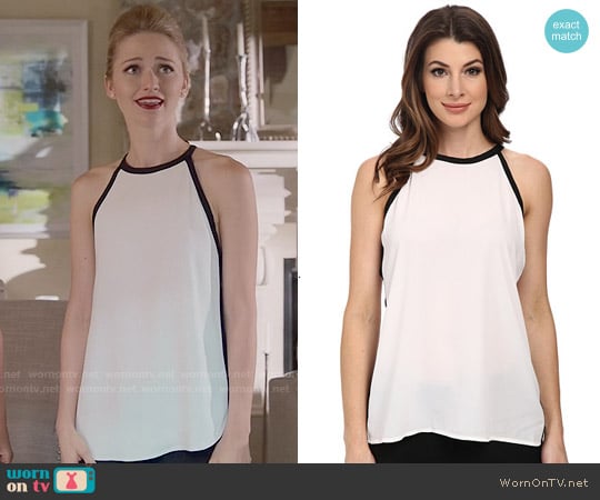 Vince Camuto Sleeveless Back Tie Halter Blouse w/ Solid Trim worn by Anna (Johanna Braddy) on UnReal