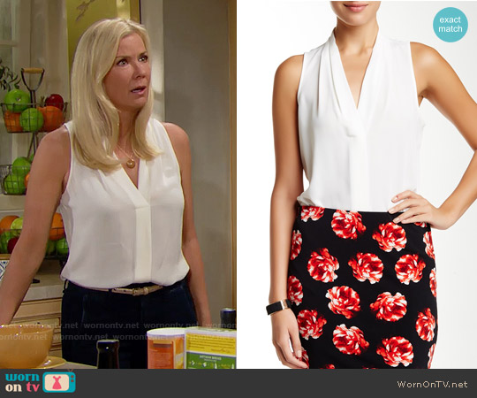 Vince Camuto Sleeveless Pleated V-neck Blouse in Ivory worn by Brooke Logan (Katherine Kelly Lang) on The Bold and the Beautiful