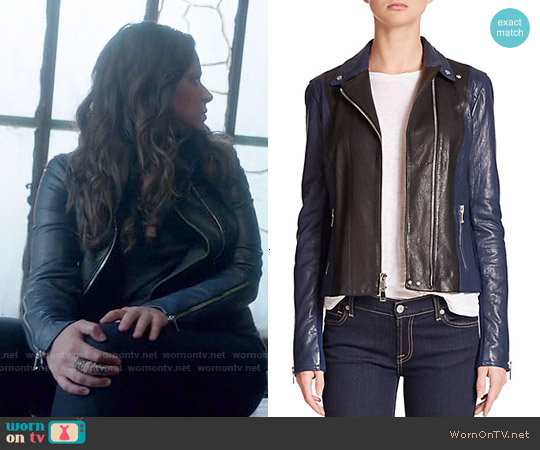 Vince Color Block Leather Moto Jacket worn by Quinn Perkins (Katie Lowes) on Scandal