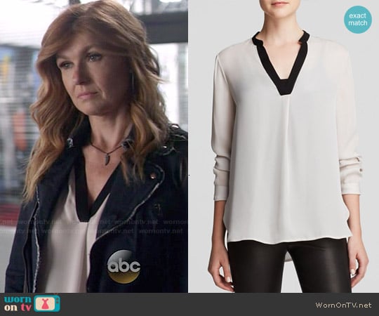 Vince Color Block Silk Blouse in Husk / Black worn by Rayna Jaymes (Connie Britton) on Nashville