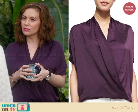 Vince Draped Satin Blouse in Grape worn by Alyssa Milano on Mistresses