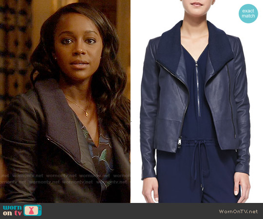 Vince Knit-Collar Leather Jacket worn by Michaela Pratt (Aja Naomi King) on How to Get Away with Murder