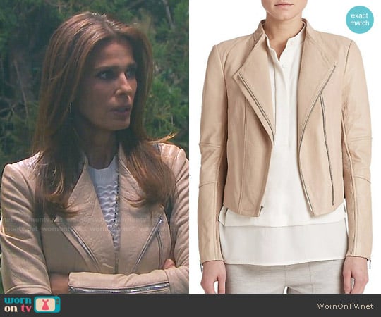 Vince Leather Moto Jacket in Sandshell worn by Hope Williams (Kristian Alfonso) on Days of our Lives