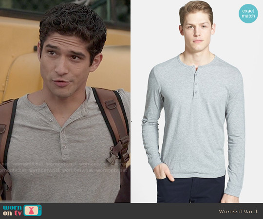 Vince Long Sleeve Knit Henley in Heather Steel worn by Scott McCall (Tyler Posey) on Teen Wolf