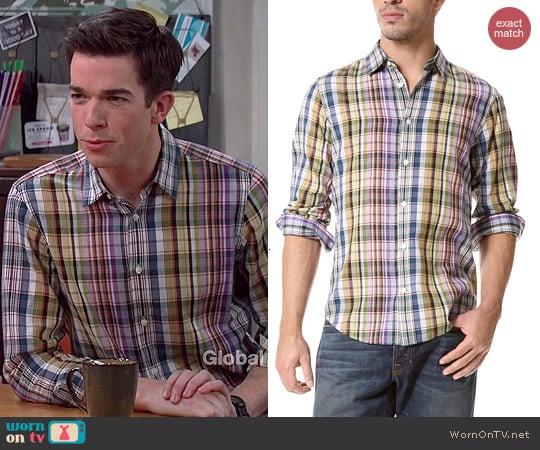 Vince Plaid Sport Shirt in Anise worn by John Mulaney on Mulaney