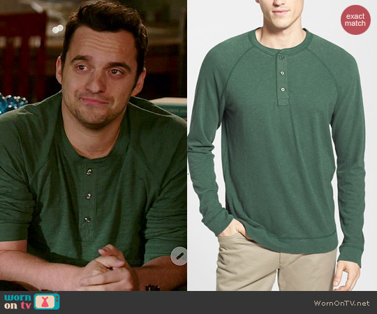 Vince Raglan Henley in Cilantro worn by Jake Johnson on New Girl