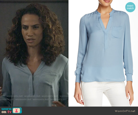 Vince Rib Trim Half Placket Silk Blouse in Slate Blue worn by Tess Vargas (Nina Lisandrello) on Beauty and the Beast