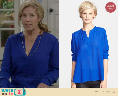 Vince Trapunto Placket Blouse in Cobalt worn by Nancy Travis on Last Man Standing