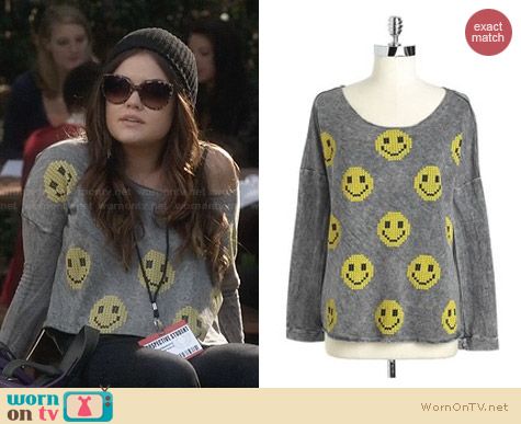 Vintage Havana Slashed Back Smiley Sweatshirt worn by Lucy Hale on PLL