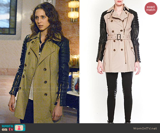 W118 Walter Baker Keanu leather trench coat worn by Troian Bellisario on PLL