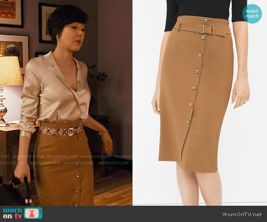 White House Black Market Button Front Pencil Skirt worn by Karen Rhodes (Yunjin Kim) on Mistresses