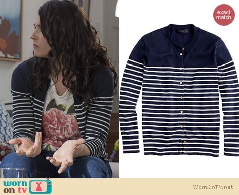 Wilfred Fashion: J. Crew Jacket Cardigan in Stripe with Anchor buttons worn by Dorian Brown