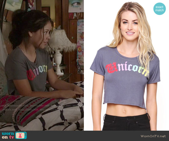 Young Romantics Unicorn Rainbow Cropped T-shirt worn by Mariana Foster (Cierra Ramirez) on The Fosters