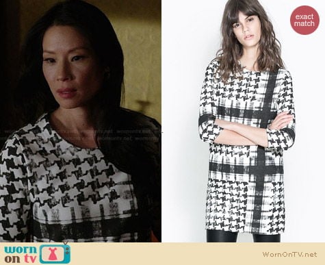 Zara Black Patterned Dress worn by Lucy Liu on Elementary